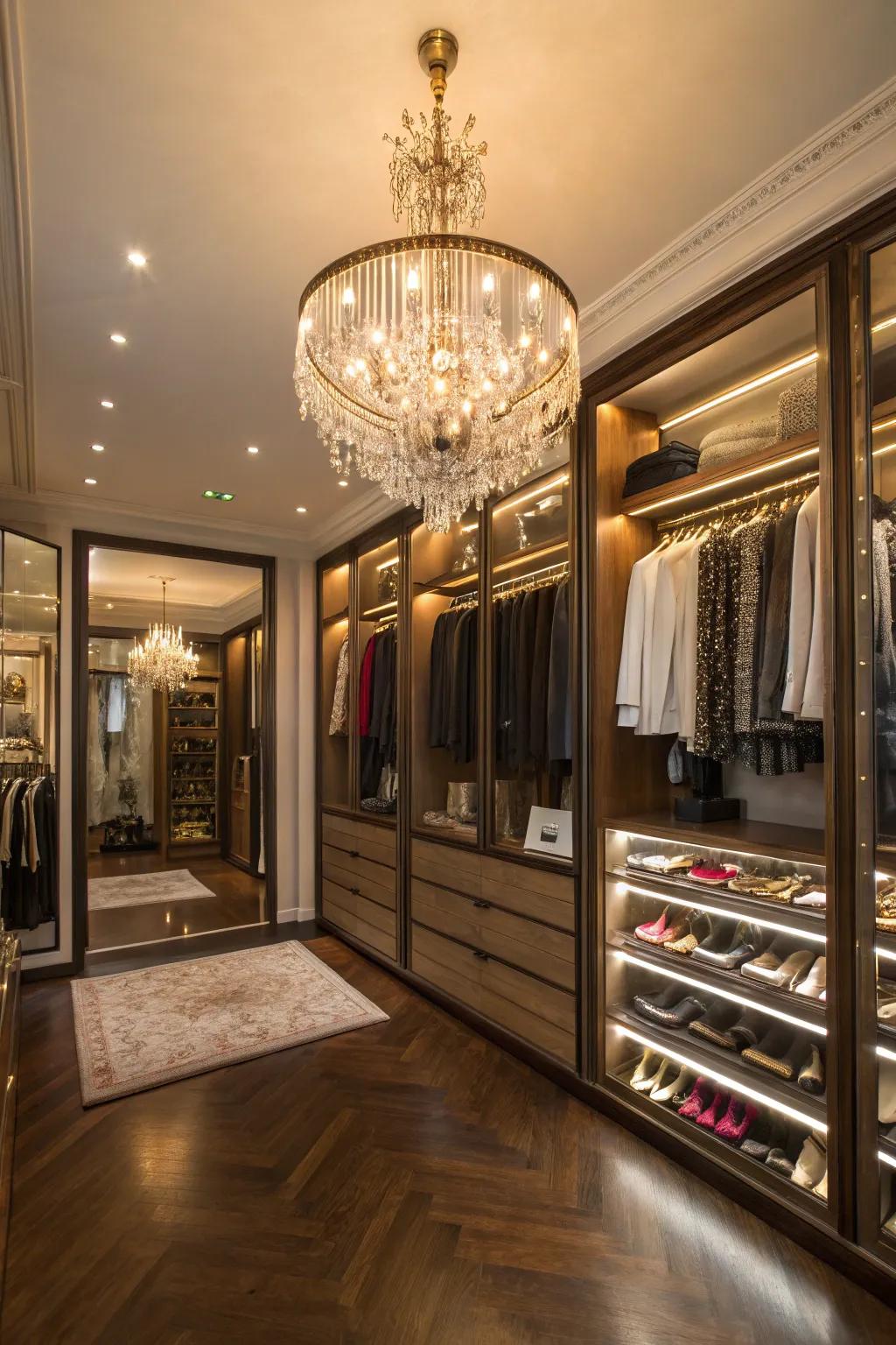An exquisite luminaire serving as the focal point in an upscale closet.