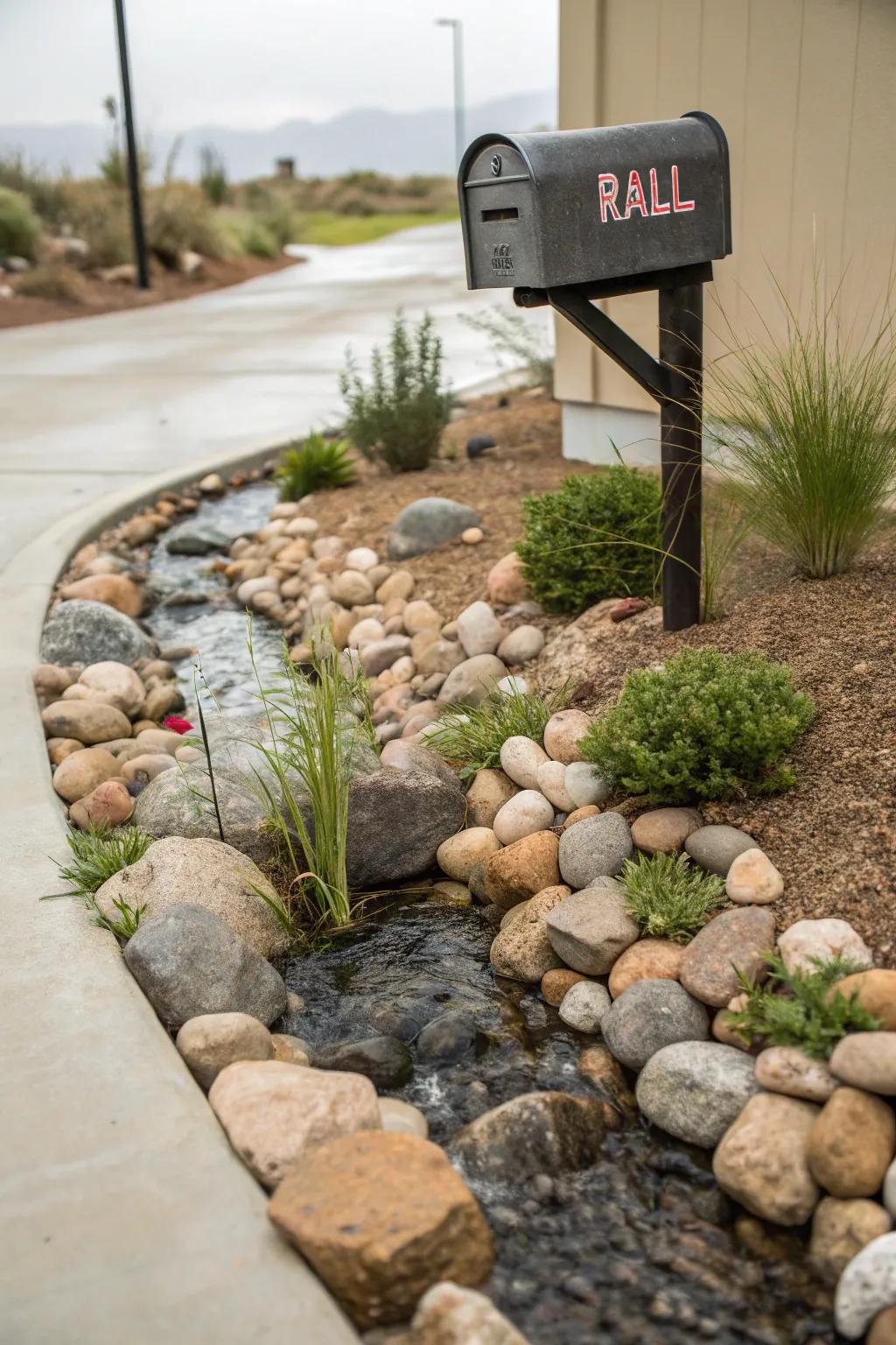 A tranquil river rock design brings calmness to your mailbox area.