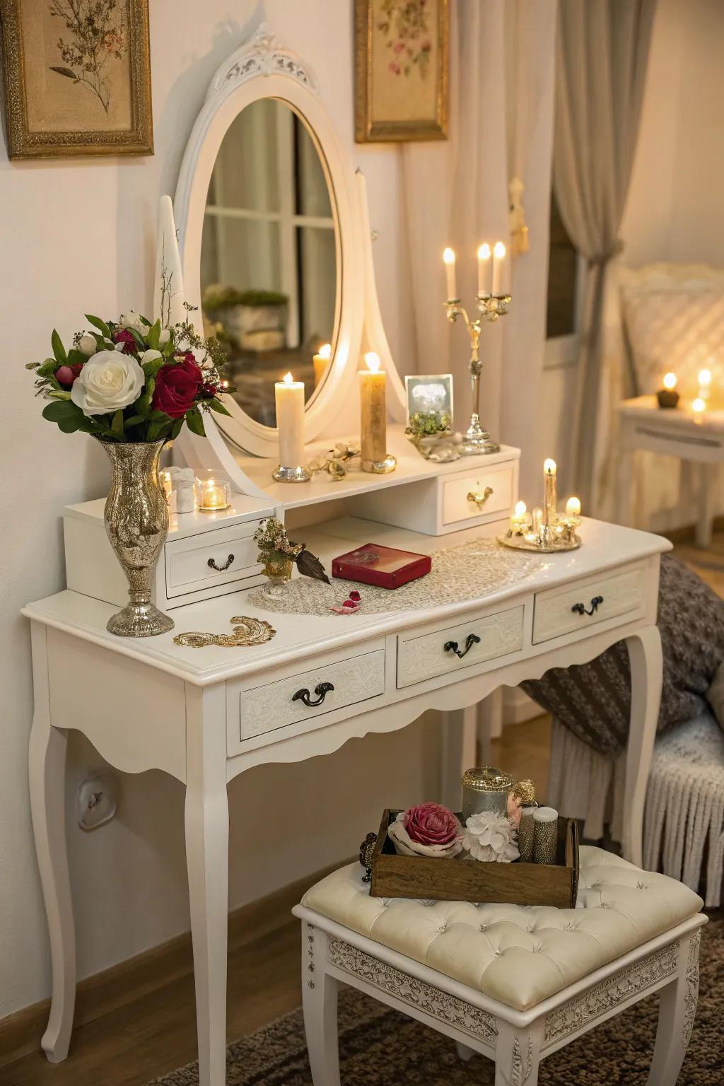 A classic vanity table sets the tone for your makeup room.