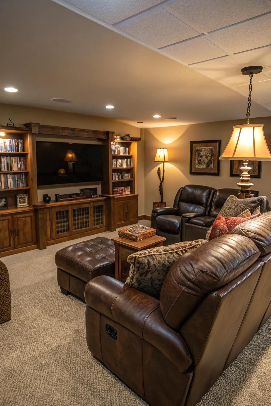 A welcoming man cave featuring a high-end leather sofa and recliners.