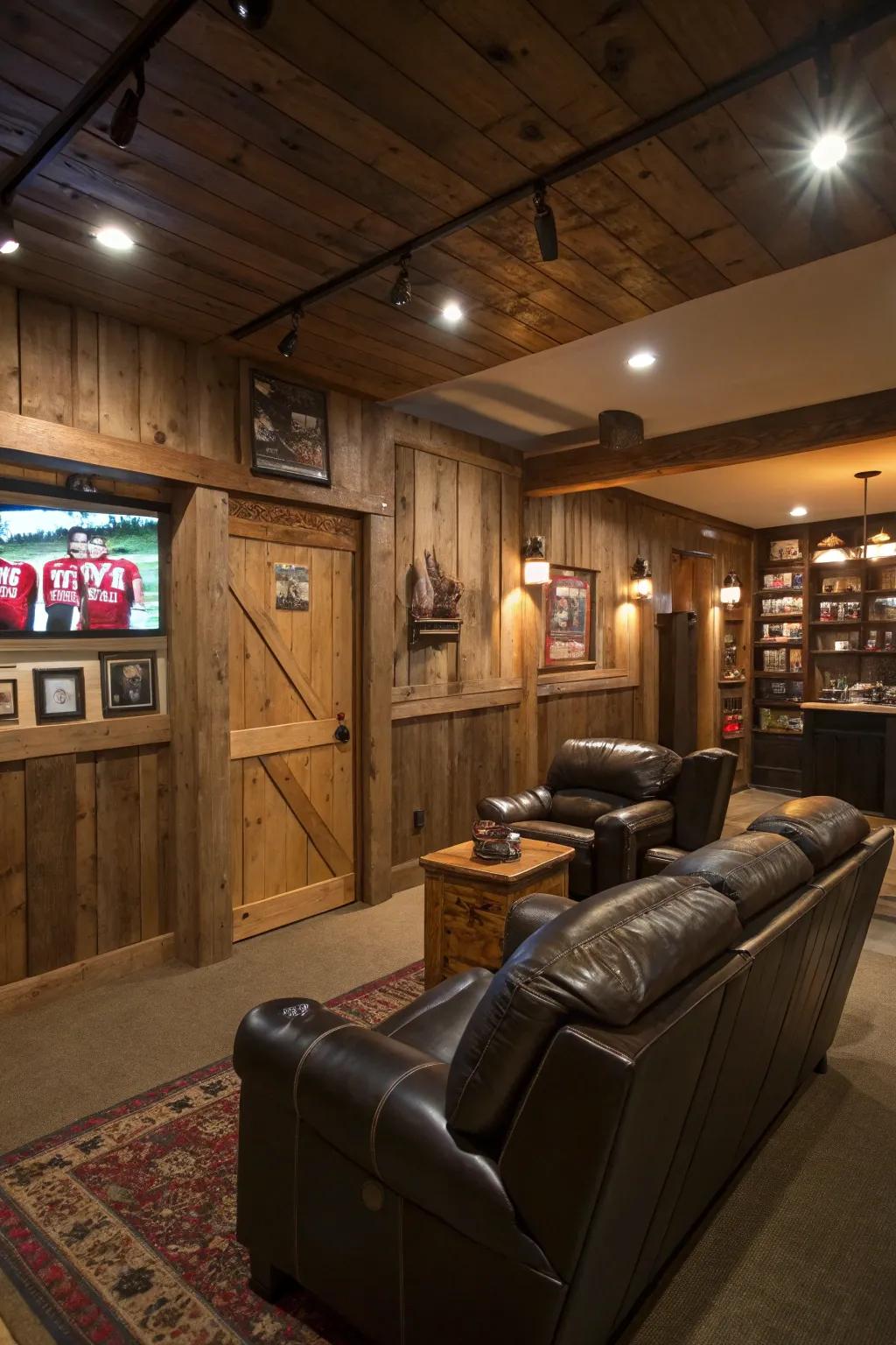 Weathered wood aesthetics create a welcoming and distinctive man cave.