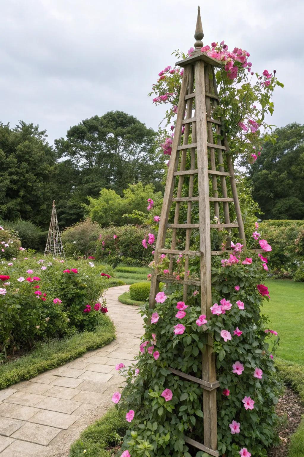 A classic reed obelisk underpins dynamic mandevilla blossoms, forging an elegant garden attribute.