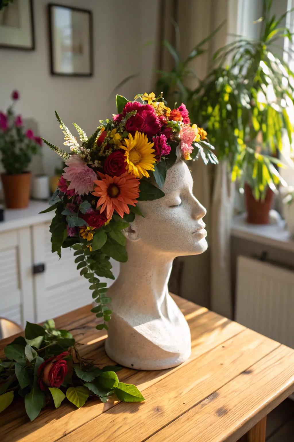 Floral-covered model heads infuse a natural element into any space.