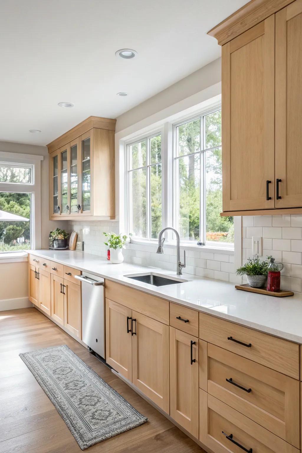 A sunlit kitchen featuring light walnut cabinetry, radiating coziness and elegance.