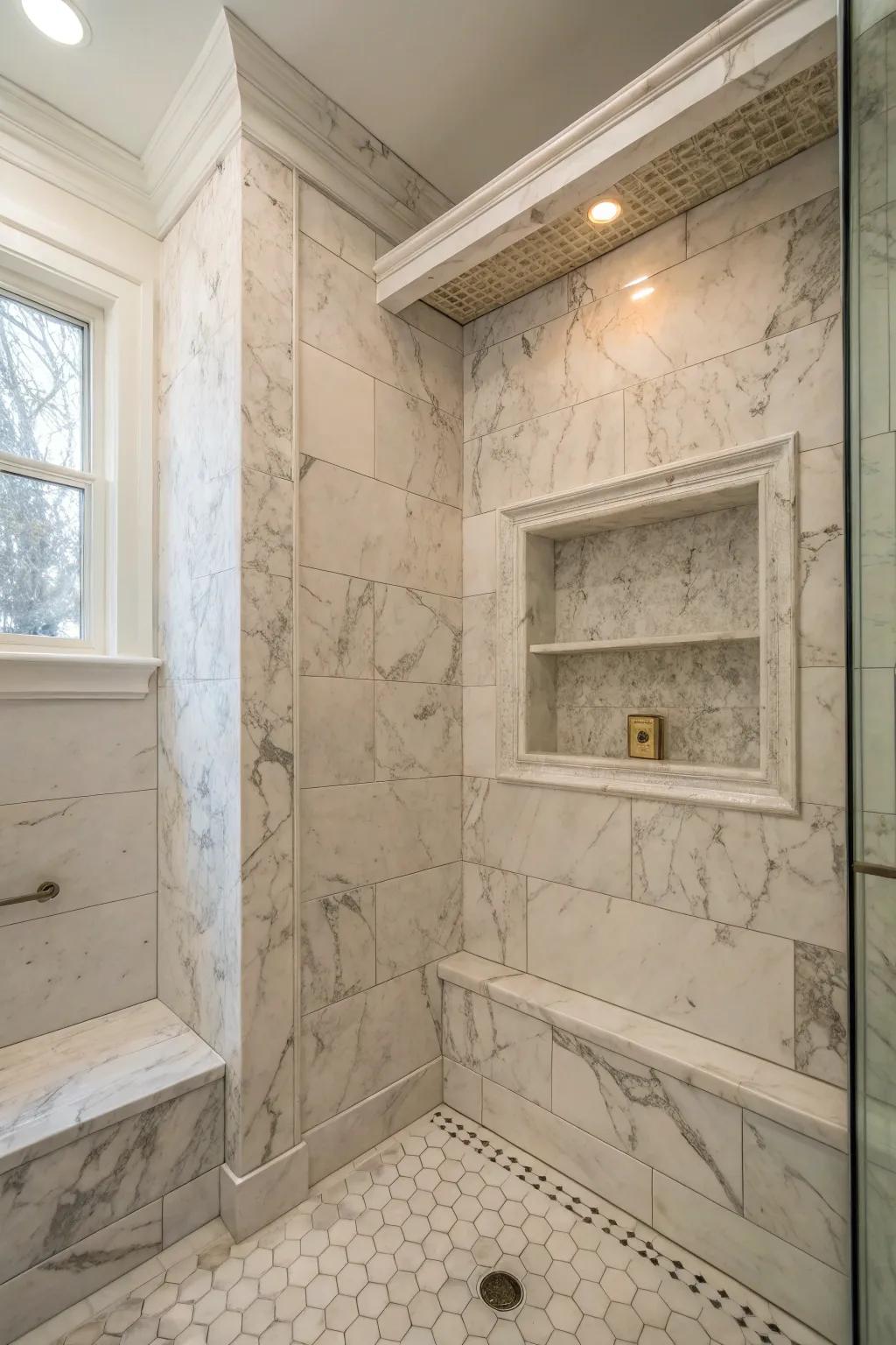 An effortless Carrara stone recess creates a cohesive and graceful shower setting.