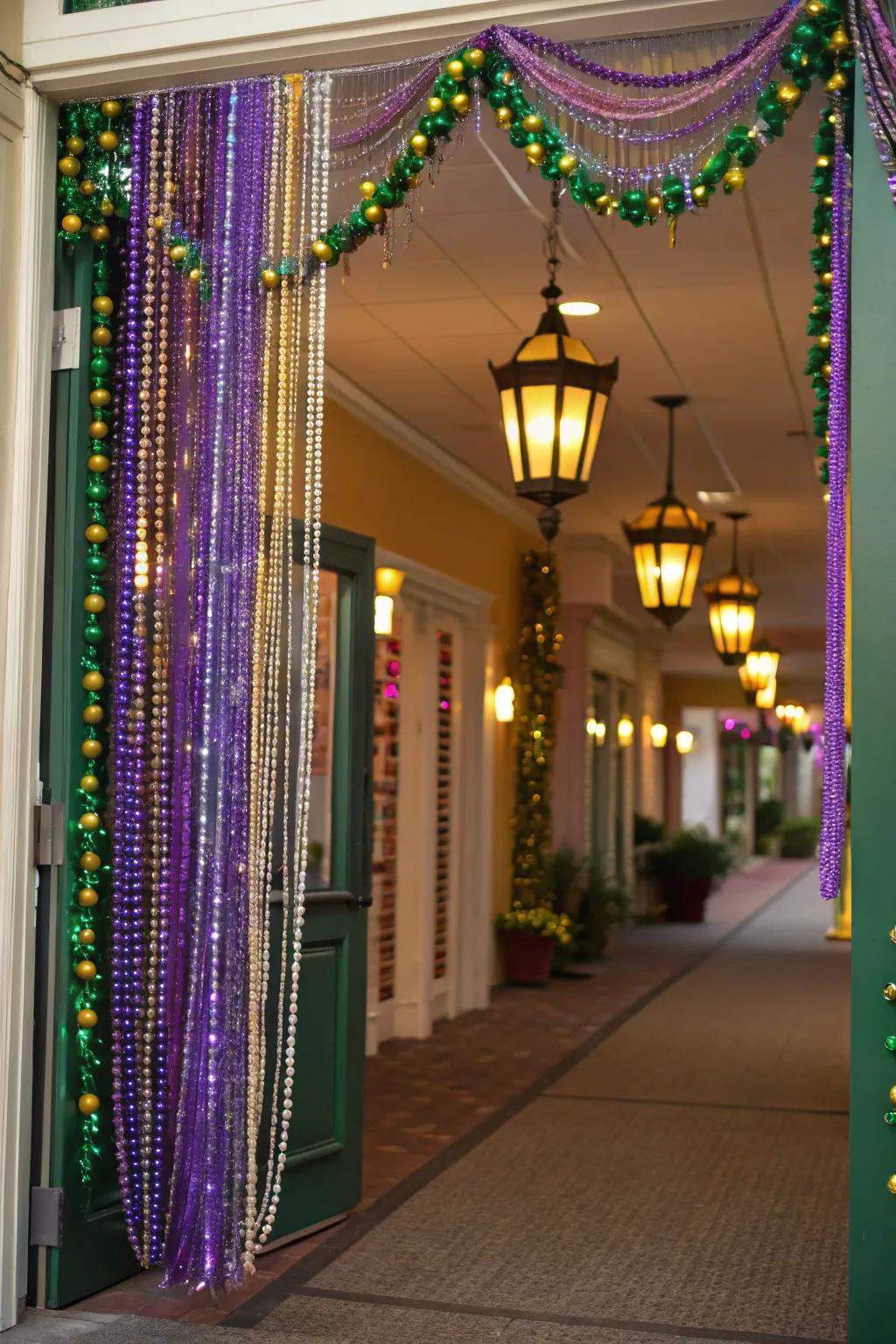 A vibrant bead curtain in classic Mardi Gras colors warmly greets partygoers