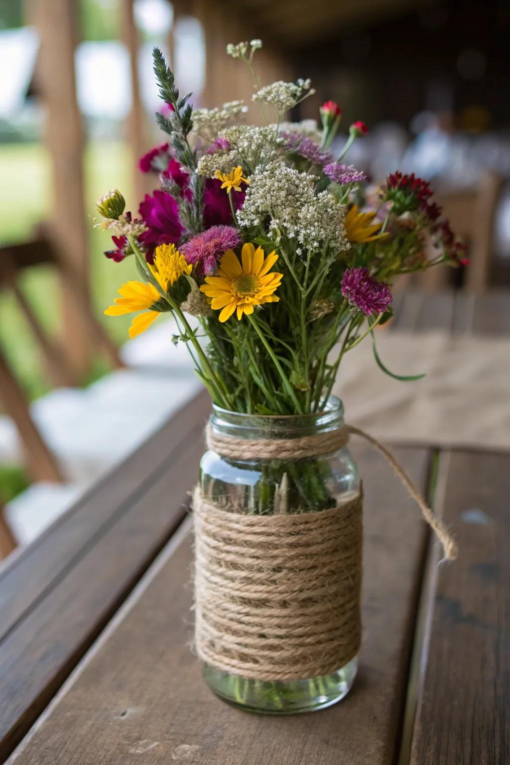 Earthy appeal presented through a cord-embraced upcycled glass container arrangement.