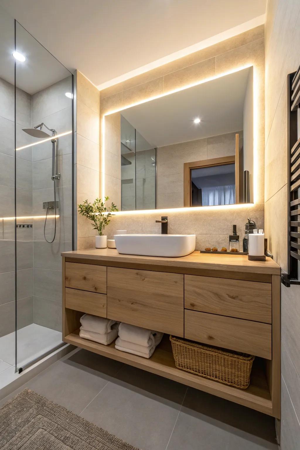 A bathroom showcasing a light wood floating vanity enhanced by soft underlighting.