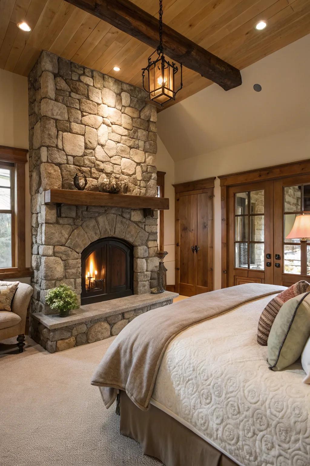 A quintessential stone hearth brings classic appeal to any main bedroom.