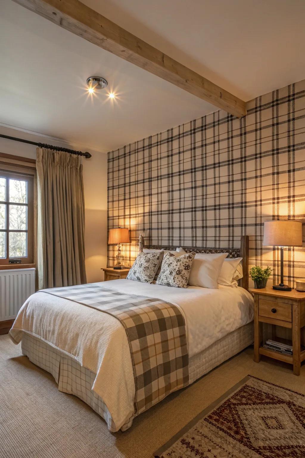 Tartan wall covering enriches the comfortable atmosphere of a bedroom setting.