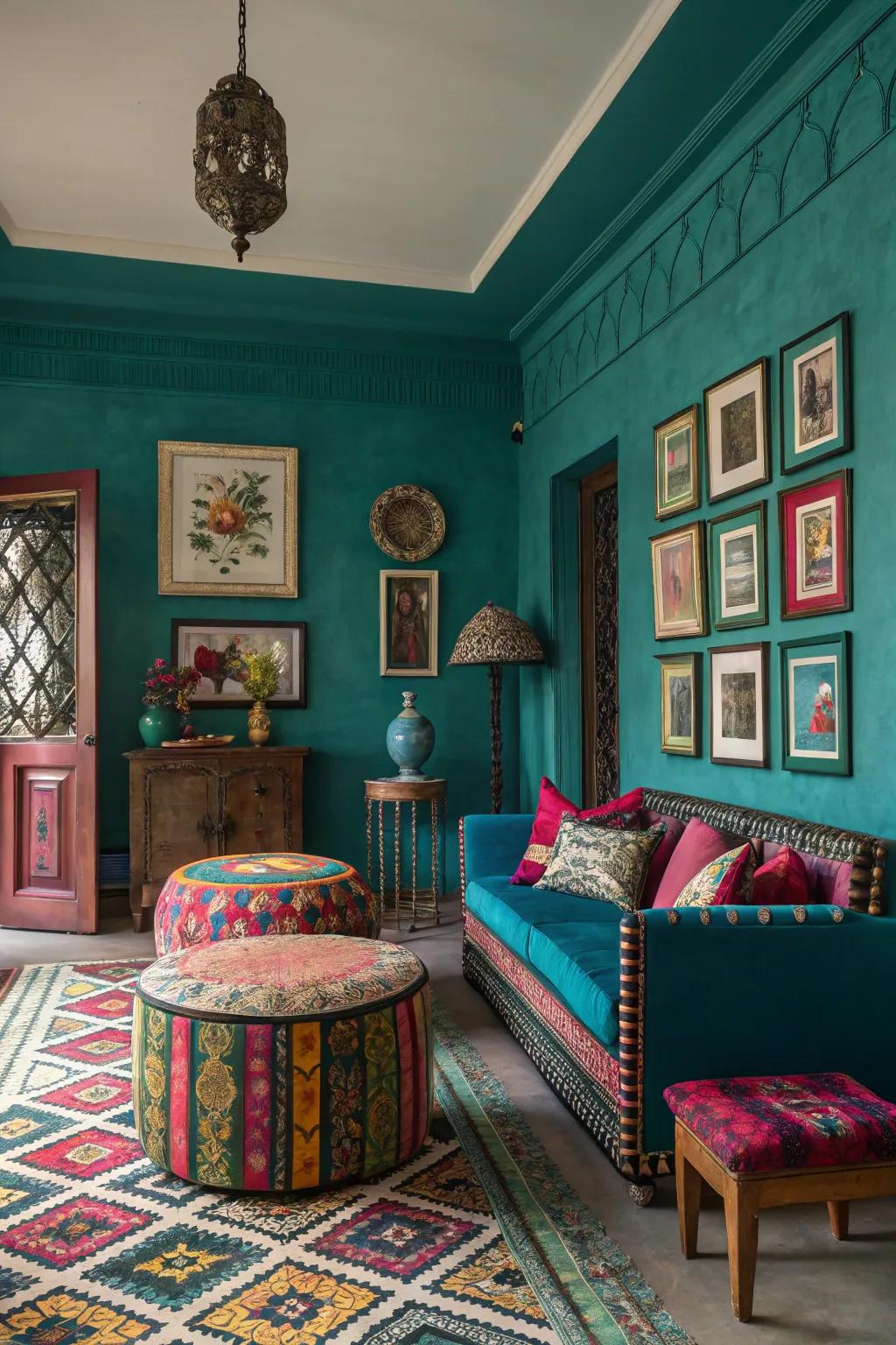 Deep blue-green walls create a striking focal point in this maximalist space.