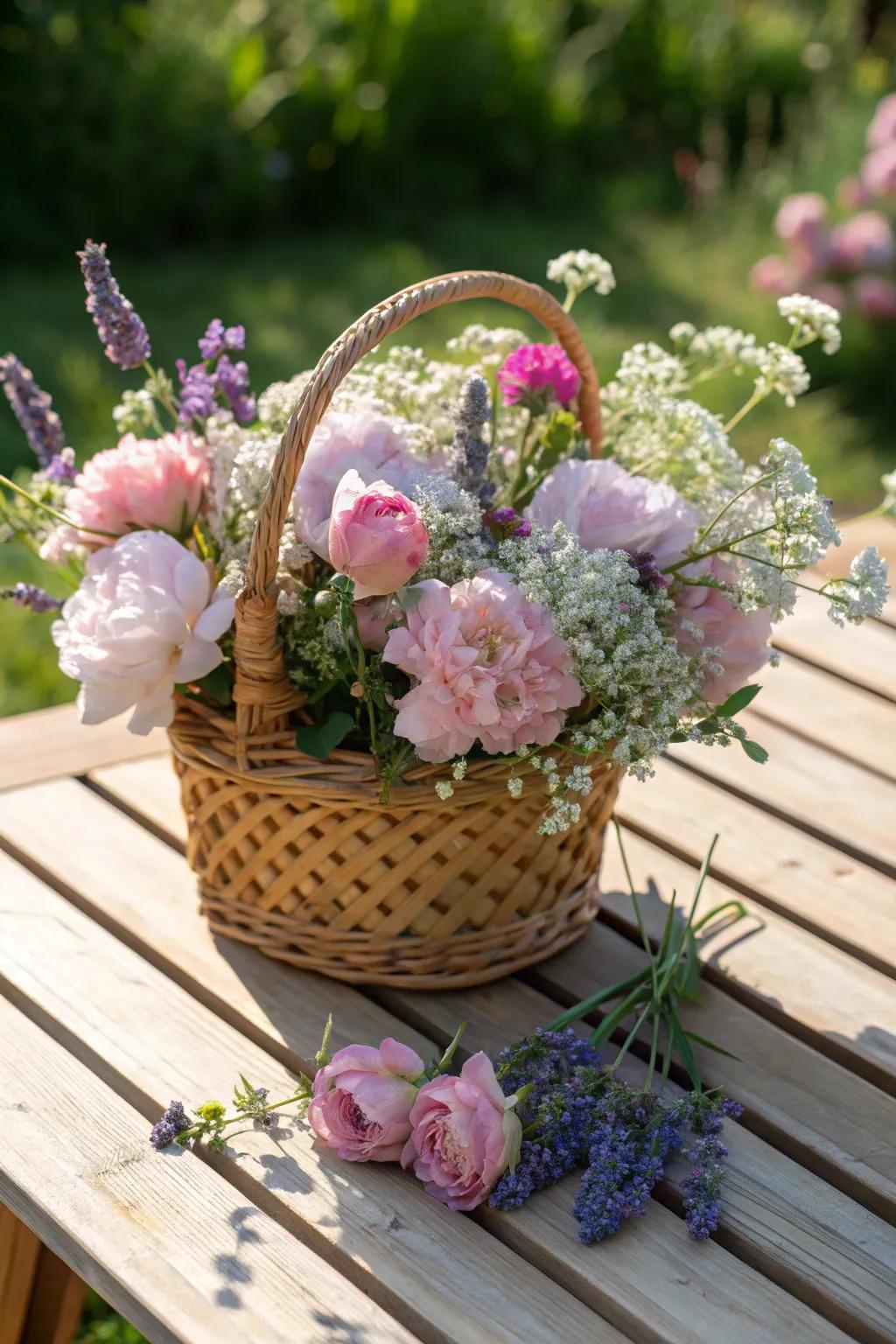 A dynamic arrangement of fresh flowers nestled in an enchanting woven basket.