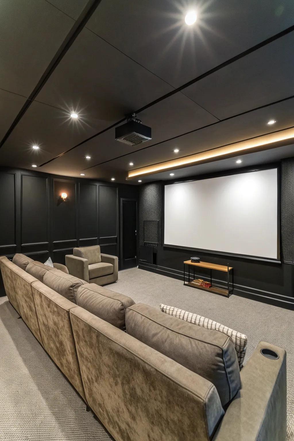 A media room adorned with ebony hue walls, intensifying the screen's contrast and fostering focus.