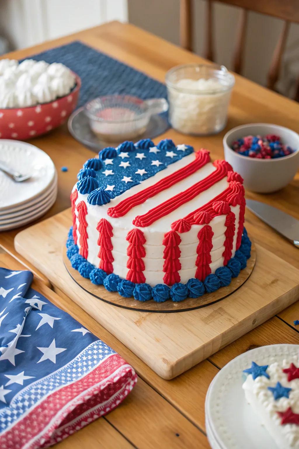 An American flag cake with vibrant colors and iconic patterns, embodying the true spirit of Memorial Day.
