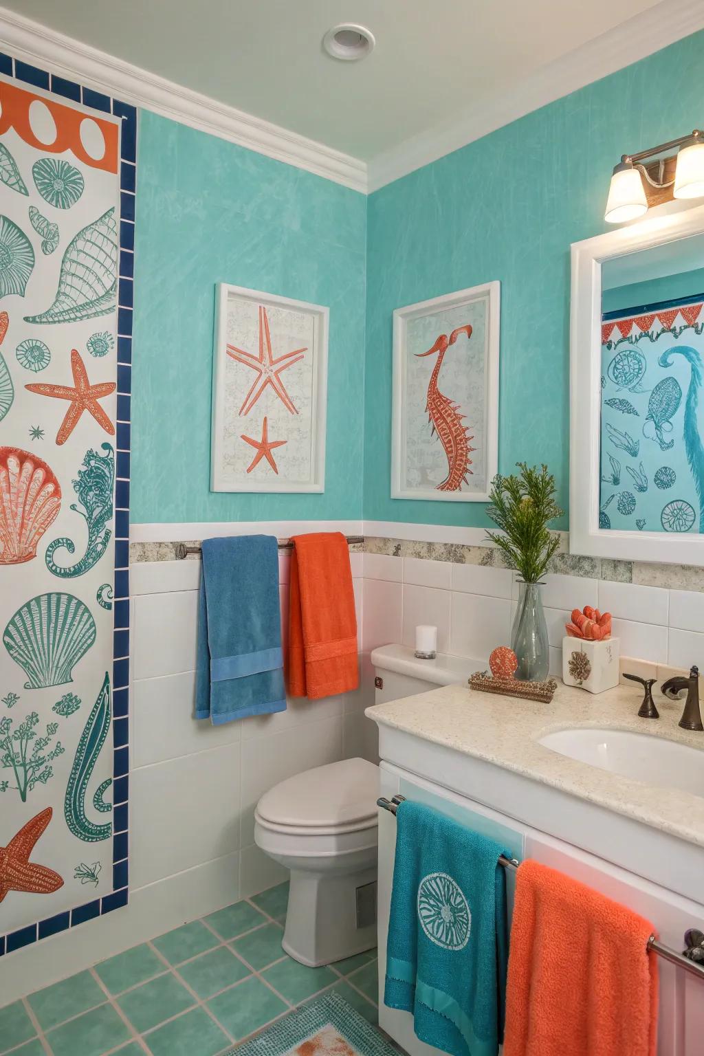 A bathroom revitalized using calming ocean hues and coral highlights.