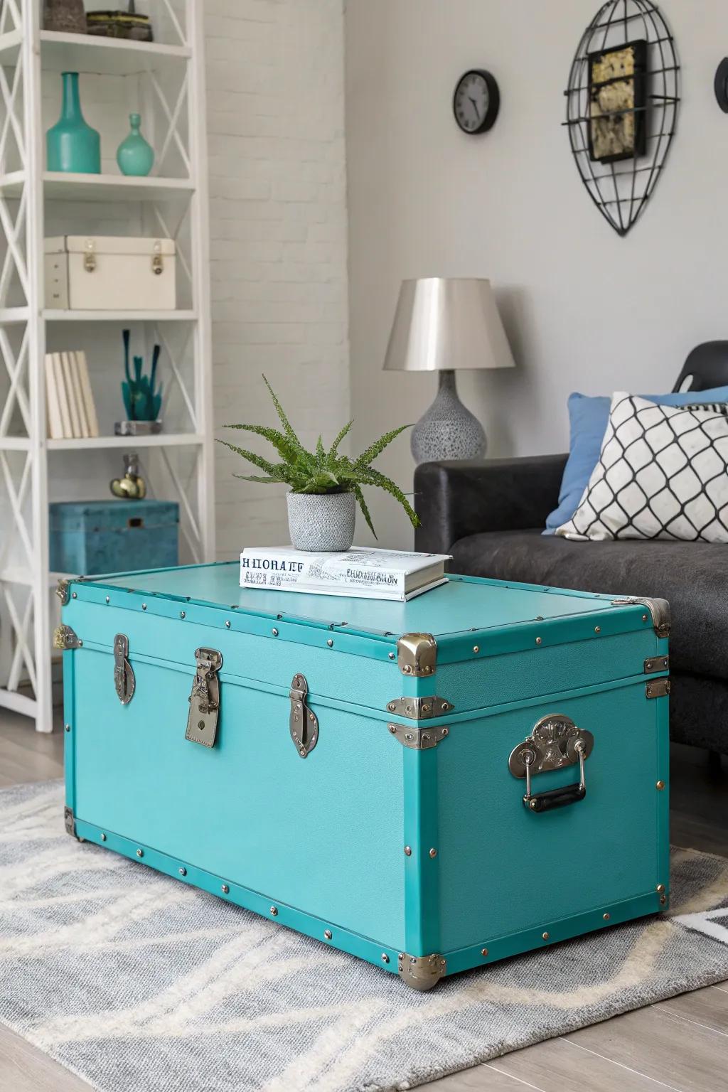A bold cerulean chest injects a burst of color into any setting.