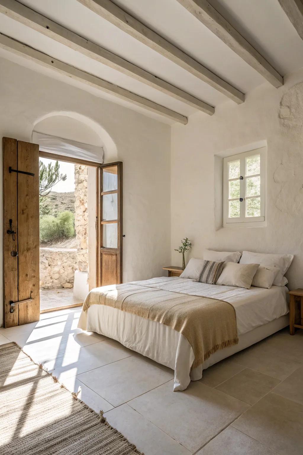 A bedroom drenched in a soothing neutral color scheme.