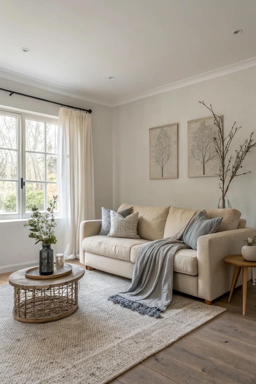 A minimalist living space featuring a calming palette of soft shades.