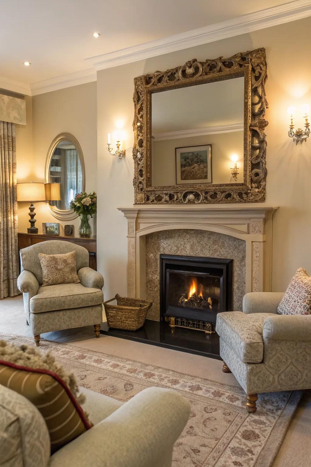 A large wall mirror turns this living room into a stylish retreat.