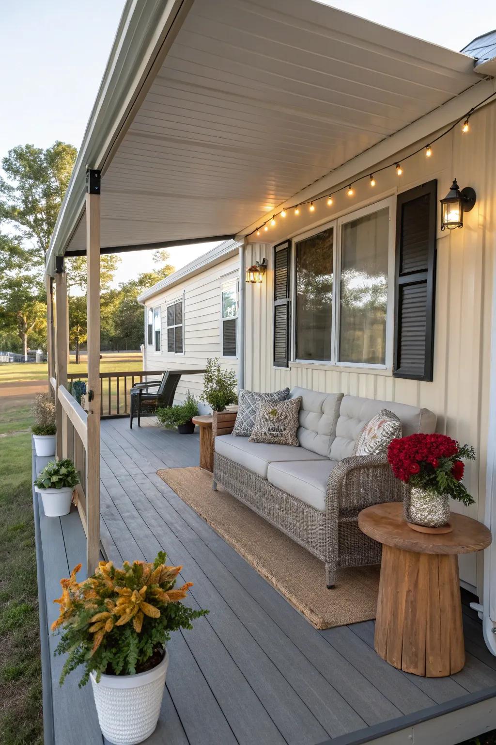 A delightful porch expansion elevates both the practicality and beauty of the home.