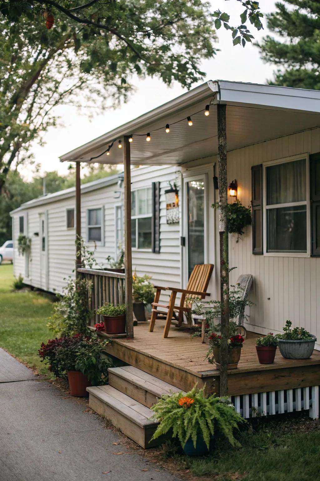 An inviting front porch with chairs and foliage enhancing the mobile home's entrance.