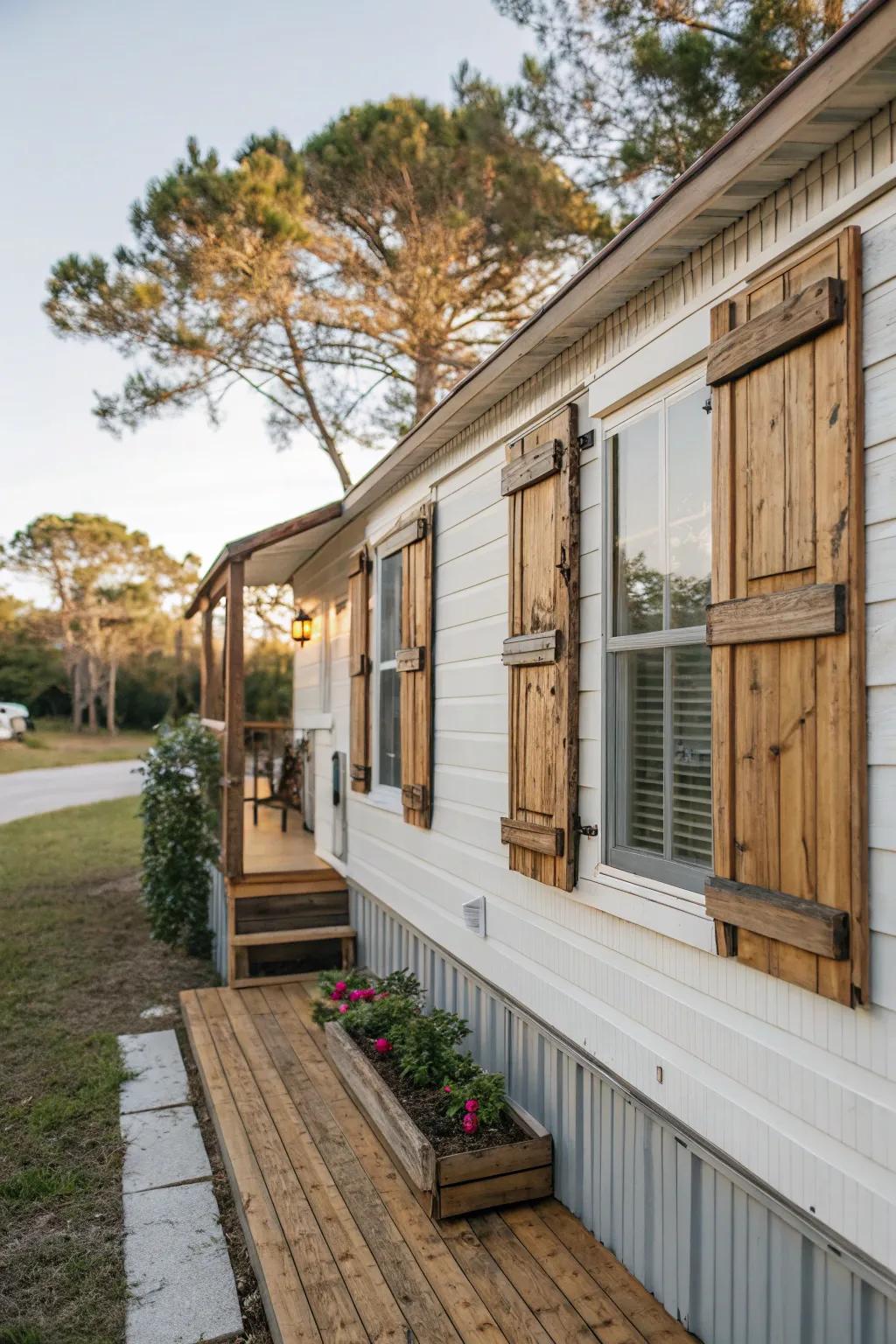 Salvaged timber shutters giving a mobile home a rustic feel.