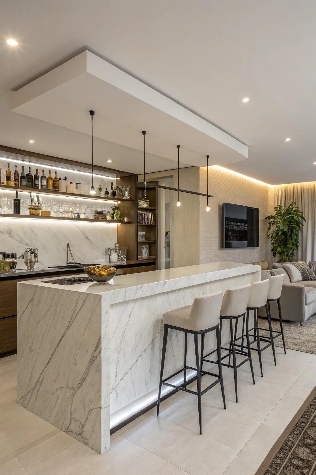 A minimalist home bar emphasizing simplicity and crisp lines.