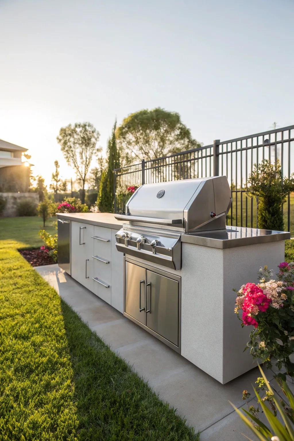 Stainless steel BBQ island that shines in the sunshine.