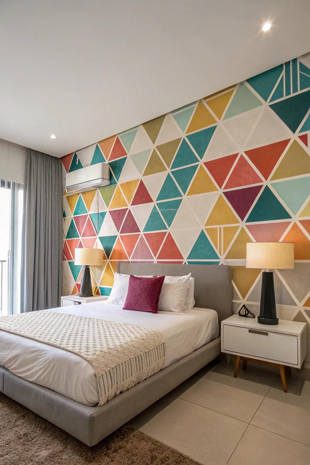 Geometric patterns bring an energetic and artistic feel to your bedroom.
