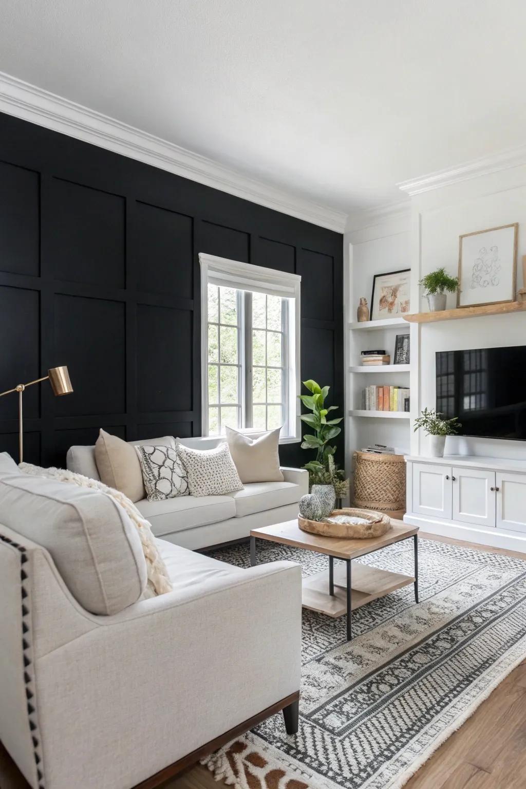 A sophisticated black accent wall infuses this modern living room with depth and visual intrigue.