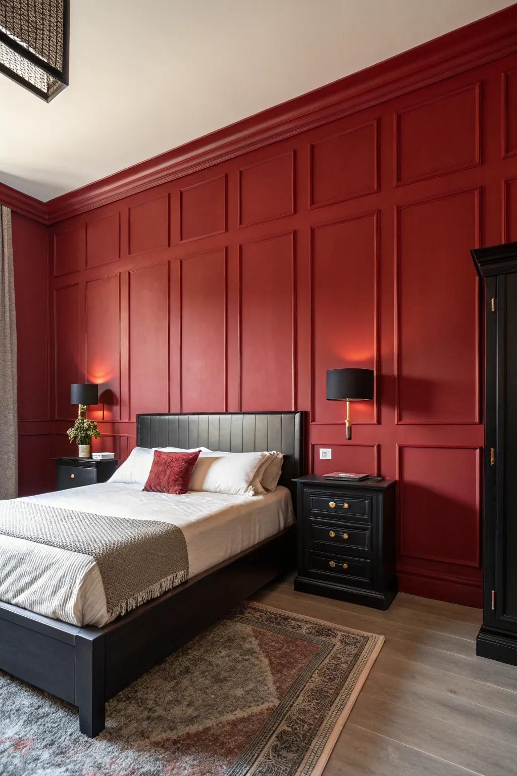A gorgeous dark red focal wall in a contemporary bedroom.