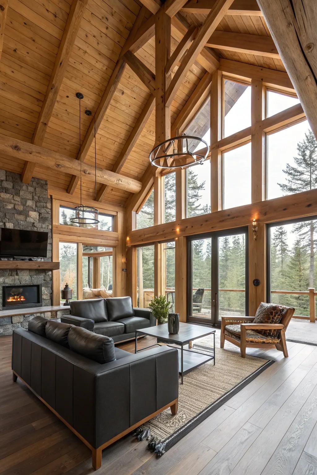 Exposed beams give a modern cabin interior a country feel.