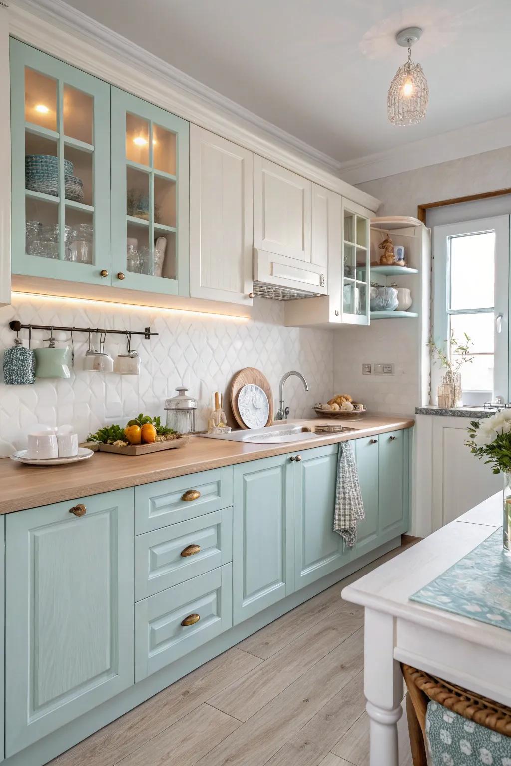 A coastal kitchen showcasing a calming selection of whites and blues.