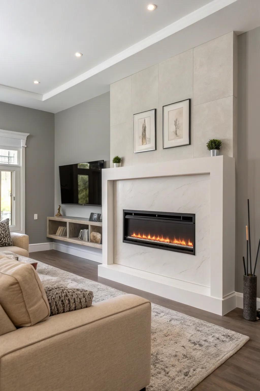 A minimalist wall-mounted electric fireplace adding to the appeal of a modern living space.