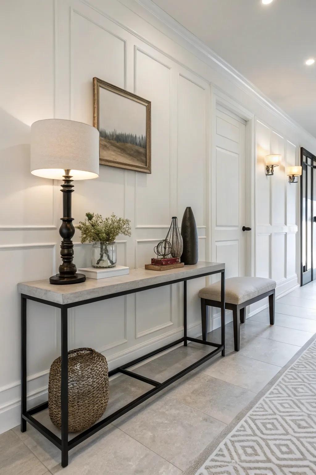 An uncluttered entryway featuring streamlined furniture and a simple design.