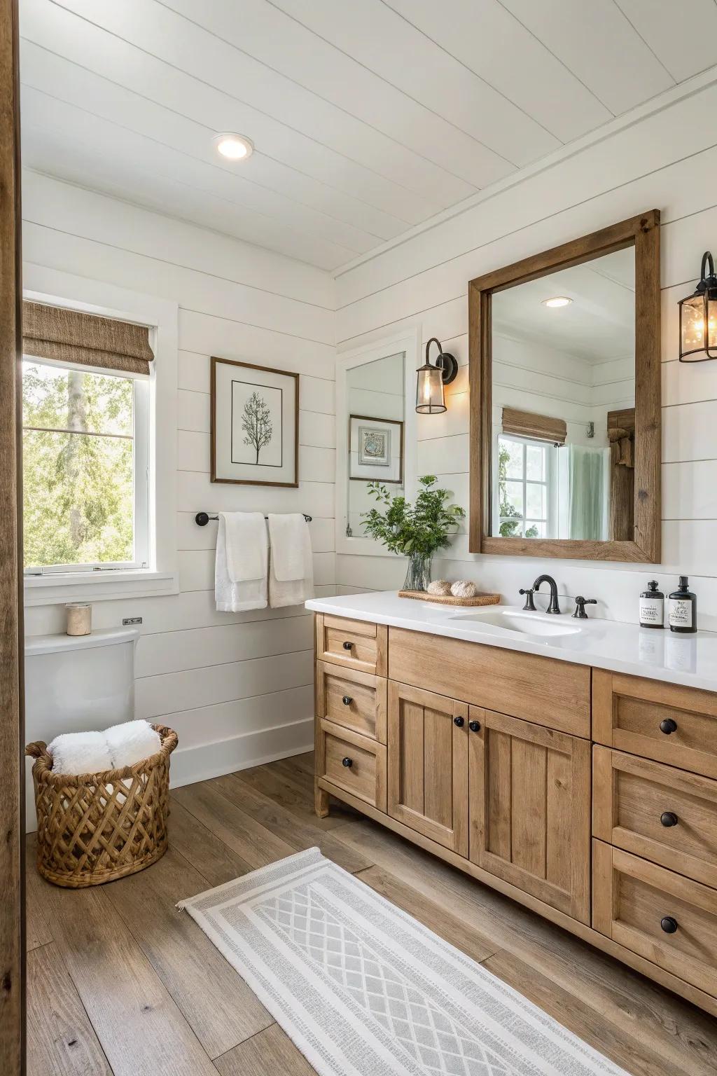 Subtle hues create a tranquil environment in this farmhouse-style bathroom.
