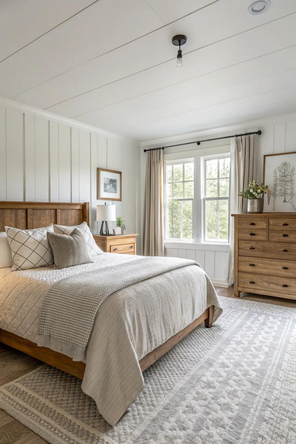 Neutral tones provide a serene and peaceful atmosphere in this farmhouse bedroom.