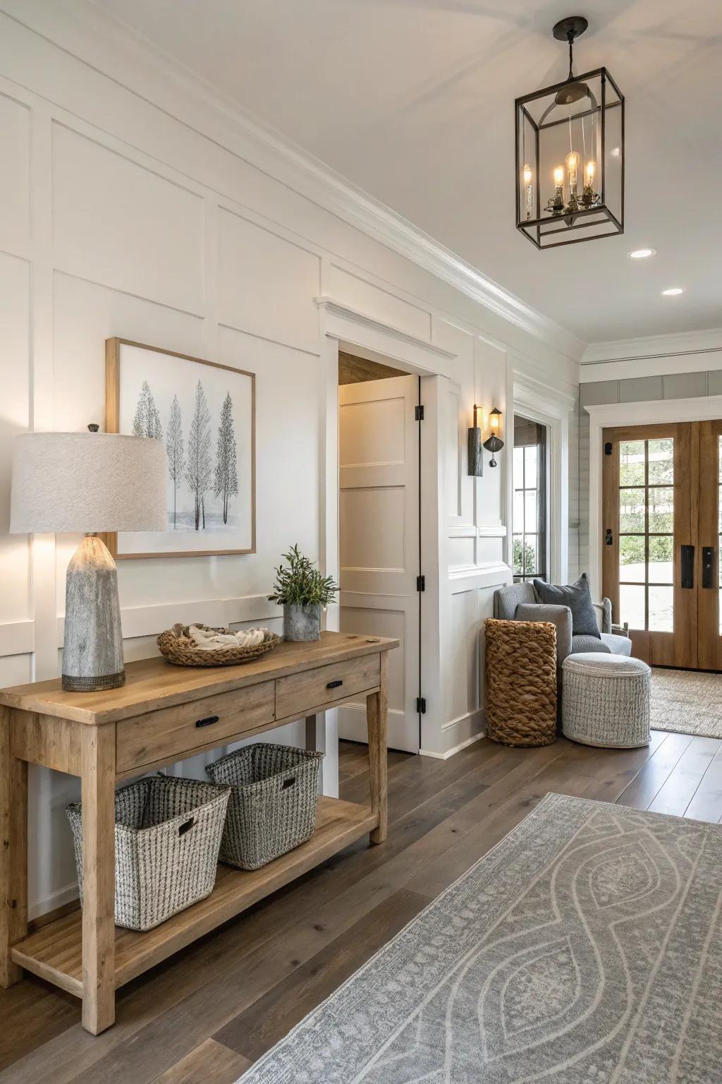 Neutral tones set a serene scene in this farmhouse entryway.