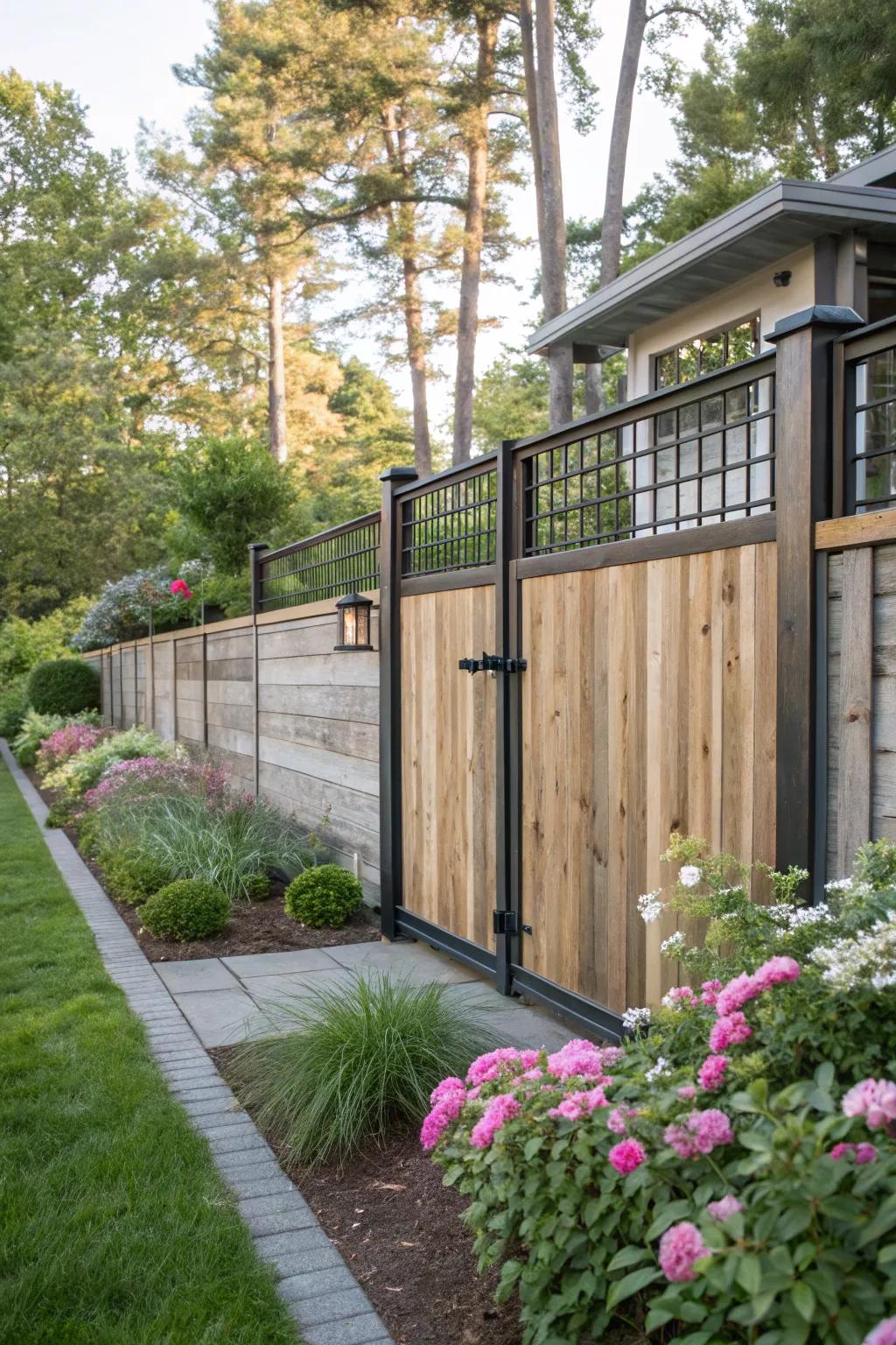 A modern farmhouse fence showcases a polished mix of wood and metal, offering a modern reimagining.