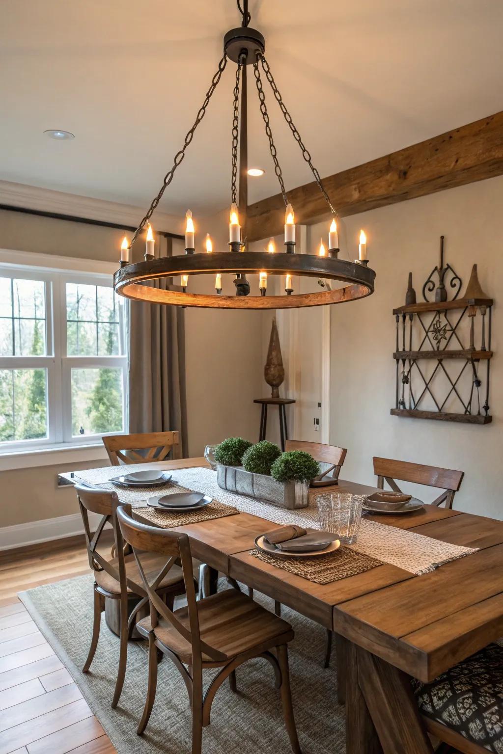 A country-inspired metal chandelier infuses character into any dining area.