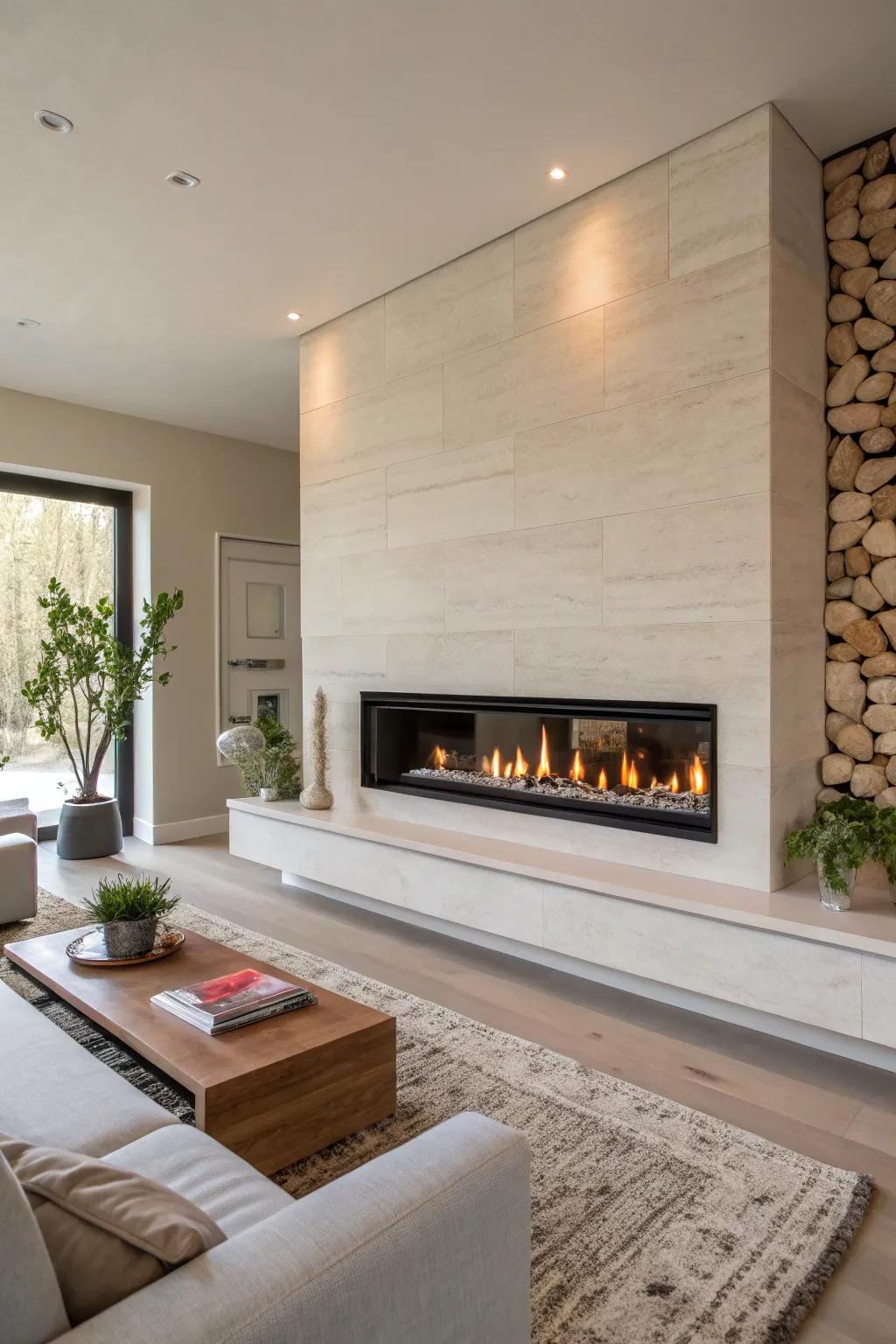 A linear fireplace flawlessly integrated into a minimalist living room.