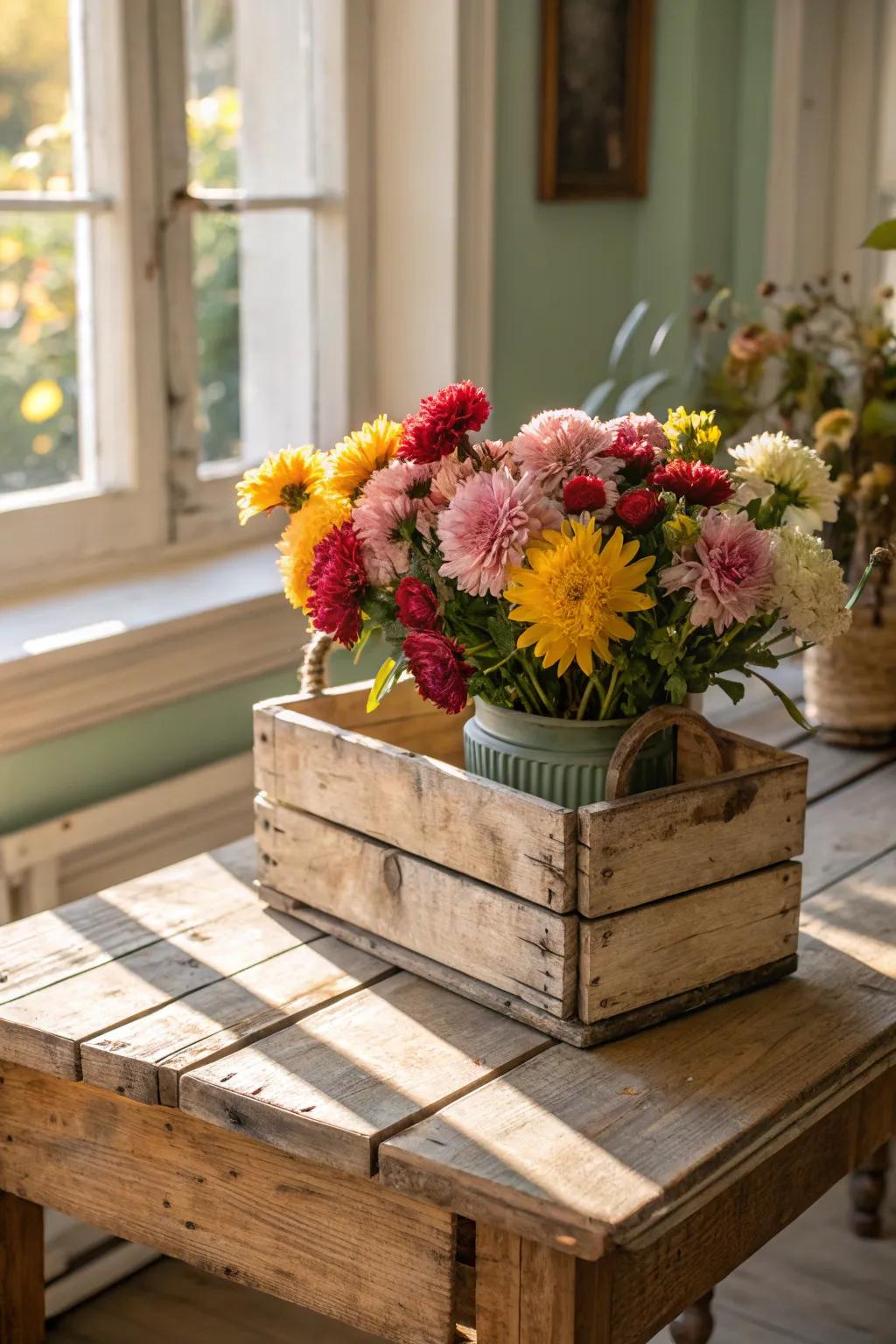 A rustic wood case ingeniously repurposed as a container for a vibrant floral composition.