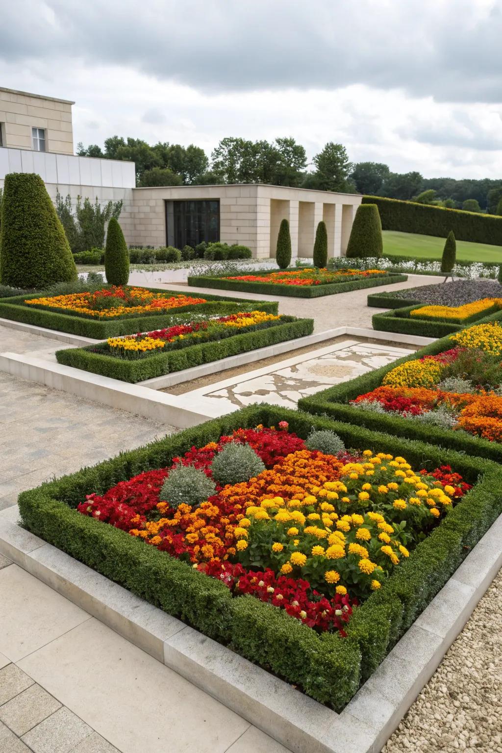 Geometric flower beds evoke a sense of order and contemporary appeal.