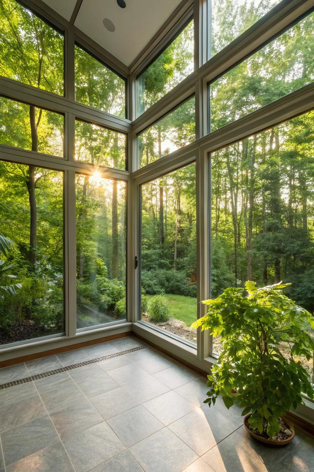 Sunlight bathes a modern sunroom, crafting an inviting and radiant ambiance.