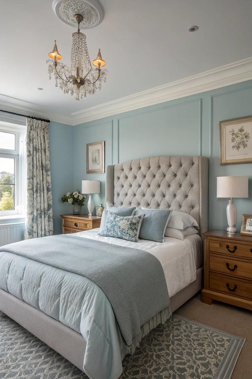A calm bedroom featuring soft blue walls and grey accents provides a serene escape.