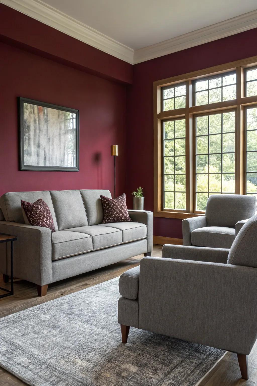 Living room featuring a striking deep red feature wall and modern grey furnishings.
