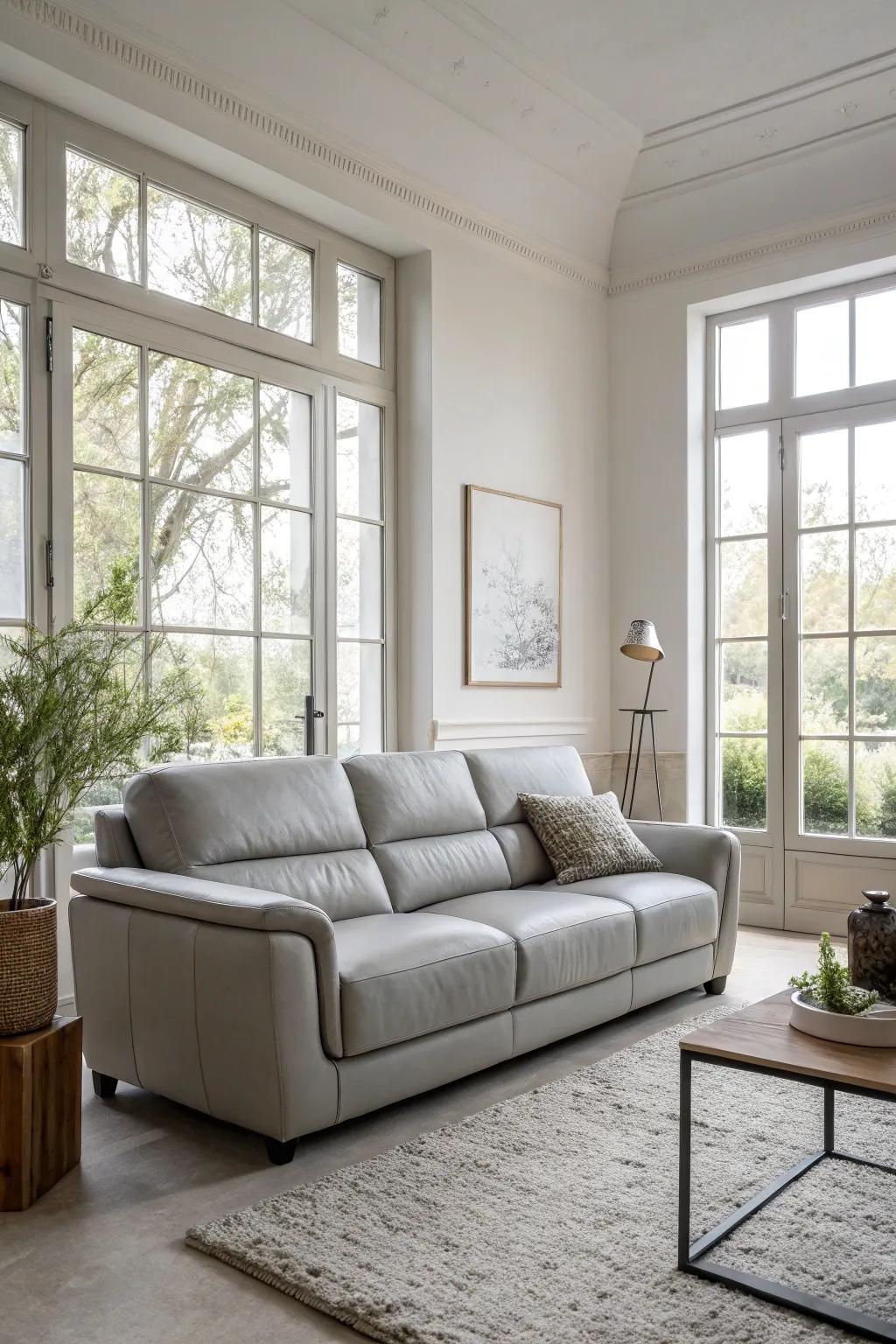 An elegant arrangement with a grey leather sofa facing expansive windows.