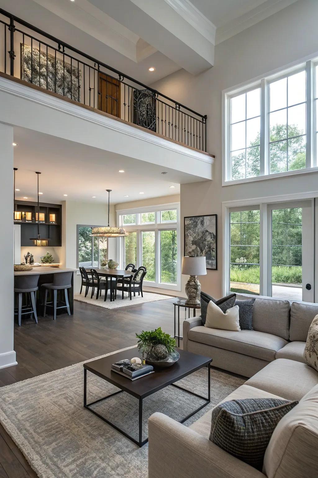 A modern open-concept living space features a half wall, crafting separate yet interconnected zones.