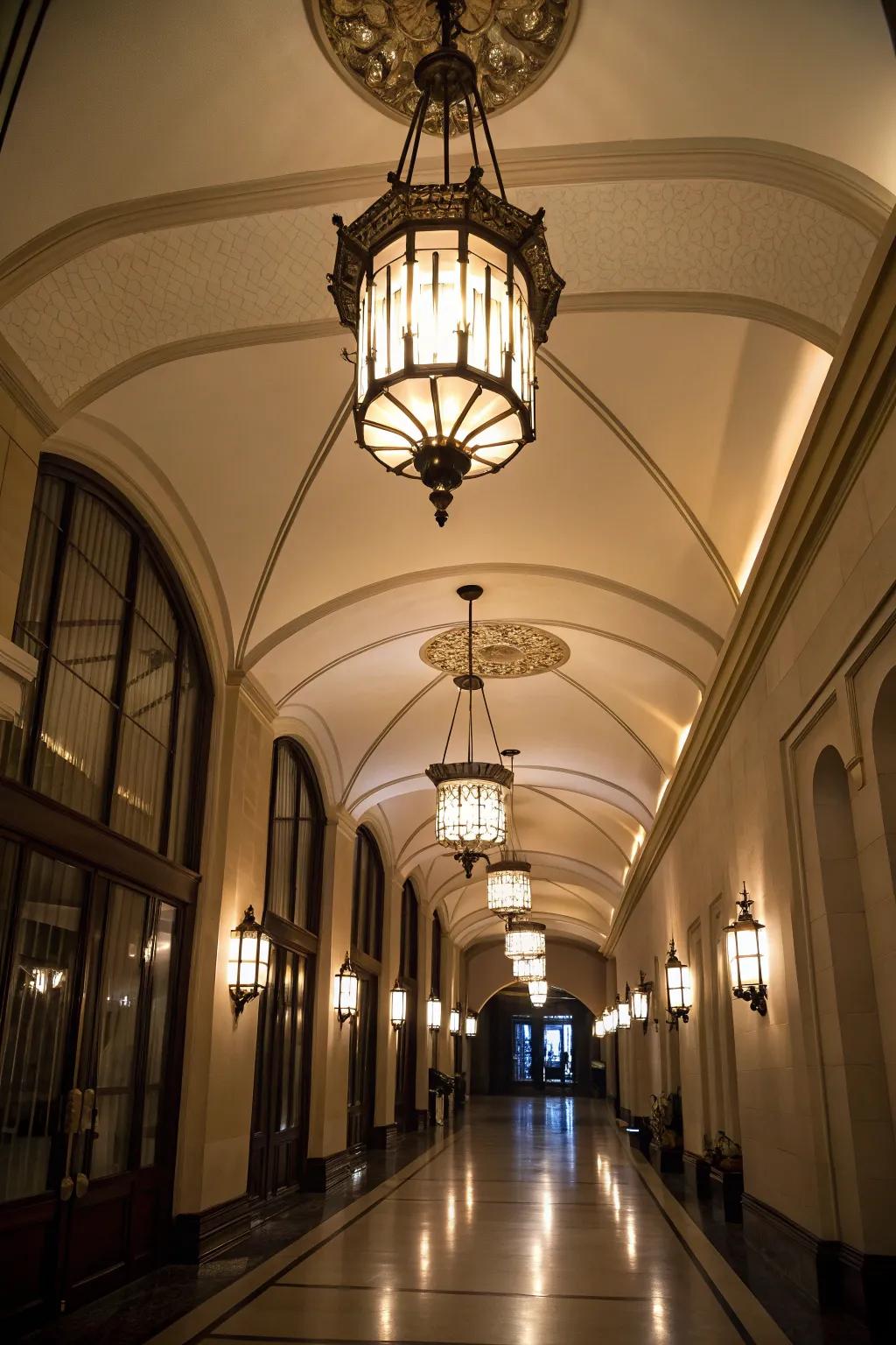 Hanging lights contribute charm to hallways featuring high ceilings.