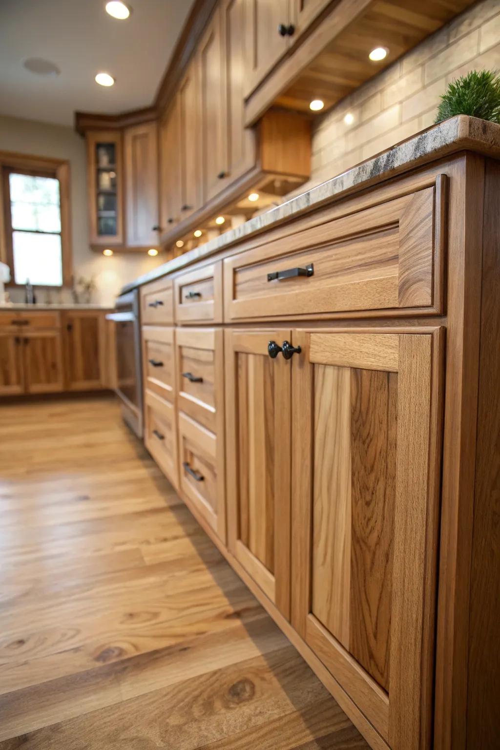 Appreciate the detailed wood patterns in hickory kitchen cabinets.
